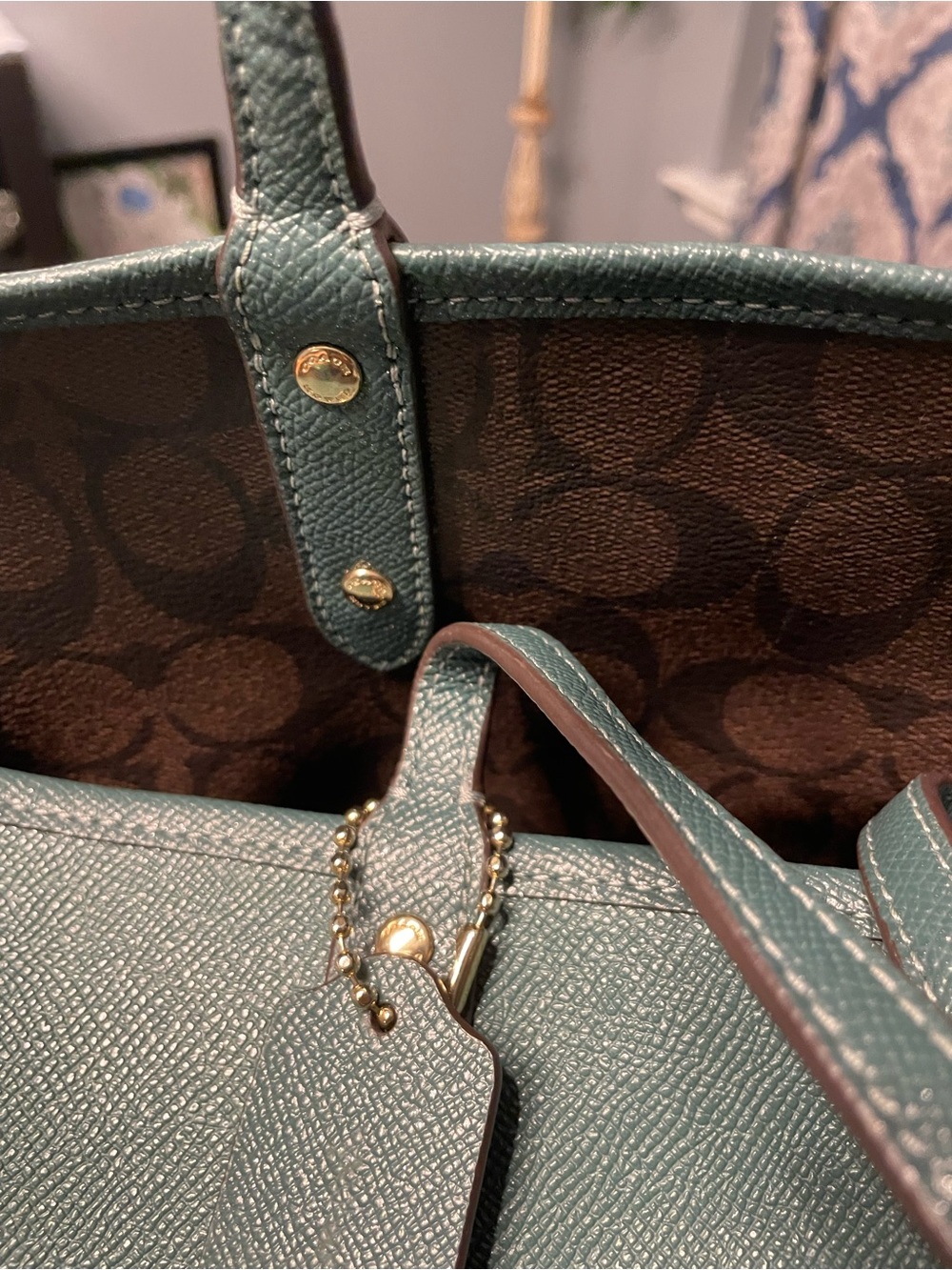 Coach Classic Brown Signature Canvas ReversibleTote with Teal Wristlet. - Picture 12 of 12